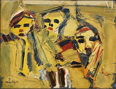 peinture abstraite représentant un groupe de personnes dans une pièce jaune