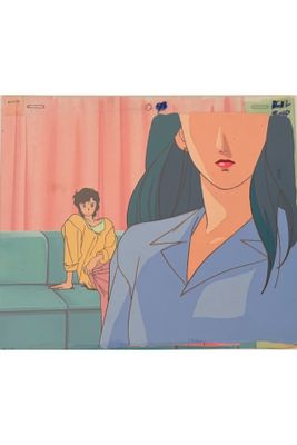 cartoon of a woman sitting on a couch in a living room next to a cat