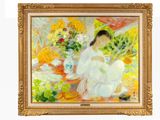 a painting of a woman sitting in front of a vase of flowers