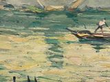 a painting of a man on a small boat in the water