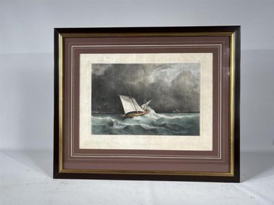 un tableau représentant un voilier sur une mer agitée, alors qu'un orage s'annonce