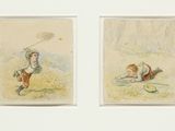 two paintings of a boy and a girl playing with a tennis racquet