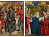 four panels of a painting of a group of people