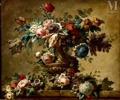 a painting of flowers in a vase on a table