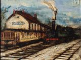 une peinture représentant un train sur les voies, près d'un bâtiment