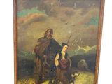 un vieux tableau représentant un homme et une femme accompagnés d'un chien