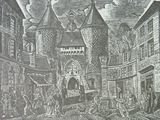 drawing of a street scene with a castle in the background