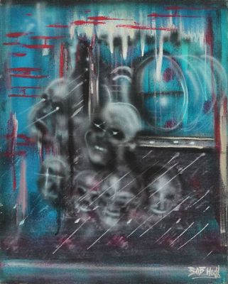 peinture représentant un groupe de crânes dans une fenêtre, sur fond bleu