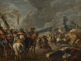 tableau représentant un groupe d'hommes à cheval dans un champ de terre battue