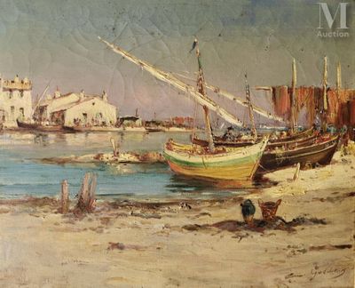 a painting of a boat on the beach near the water