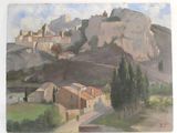 peinture d'une vue d'un village avec une montagne en arrière-plan