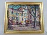 an oil painting of a house with a tree in front of it