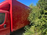 a red truck that is parked next to a bush