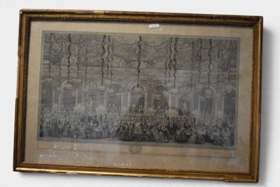 tableau représentant un grand groupe de personnes dans une grande pièce