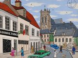 tableau représentant une scène de rue avec des passants et des voitures sur la route