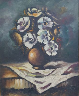 painting of flowers in a vase on a table cloth
