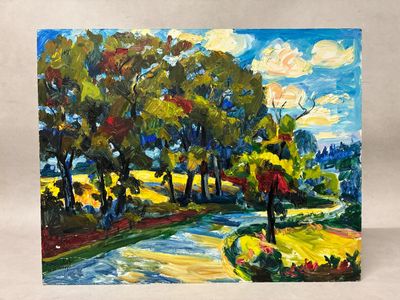 une peinture représentant une peinture d'une rivière et d'arbres