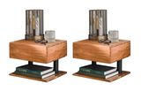 pair of wooden table lamps with glass holders on top of them