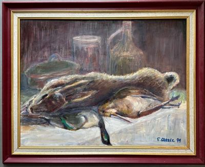 un tableau représentant un oiseau et un canard posés sur une table