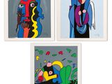 quatre tableaux encadrés représentant des personnes aux couleurs et aux formes variées