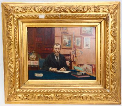 tableau représentant un homme assis à un bureau, un stylo à la main