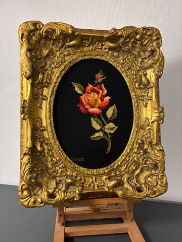 Tapisserie d’Aubusson encadrée « Rose ». 41 x 30 cm. Cadre en boi...