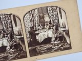 two black and white photos of a family sitting at a table