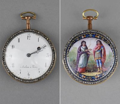 deux photos différentes d'une montre de poche ornée d'une peinture