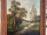 an oil painting of a man walking down a dirt road in a wooded area