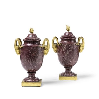 paire d'urnes antiques en bronze munies d'anses, posées sur des socles, sur fond blanc