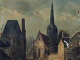 a painting of a man flying a kite over a town