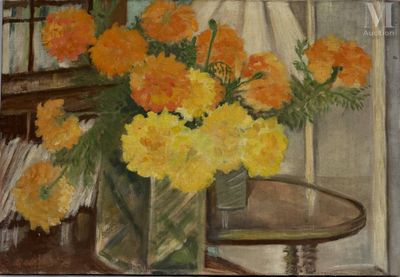 une peinture de fleurs dans un vase sur une table