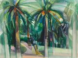 un tableau représentant deux palmiers dans un parc