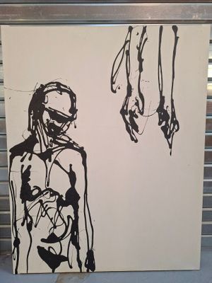 un dessin représentant un homme debout à côté d'un tableau représentant une femme