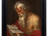 a painting of an old man reading a book