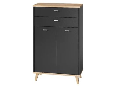 une commode noire à deux tiroirs avec un plateau en bois