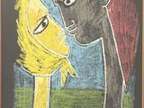 dessin représentant un homme et une femme s'embrassant devant un tableau noir