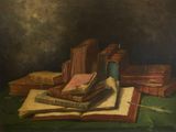 an oil painting of books on a table with a green cloth
