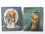 deux tableaux représentant un homme et une femme sur fond blanc