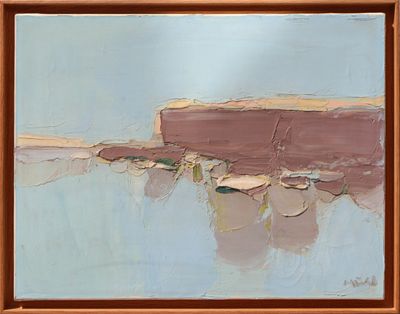 an oil painting of a beach scene with a boat in the water
