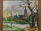 an image of a painting of a church in the distance