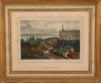 un tableau représentant la vue d'un village avec un château en arrière-plan