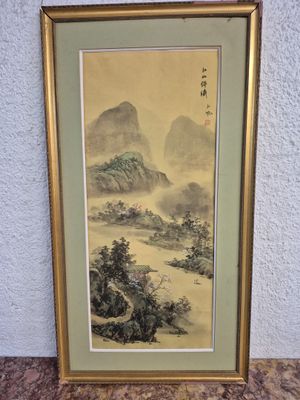 une peinture représentant une scène de montagne avec une rivière au premier plan