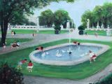 un tableau représentant des enfants jouant dans une fontaine dans un parc