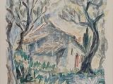 an image of a watercolor painting of a house in the woods