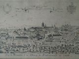 dessin représentant une vue d'une ville avec un château en arrière-plan