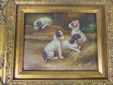 a picture of a painting of three dogs playing with a ball