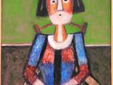 painting of a woman in a blue and red dress holding a baseball bat
