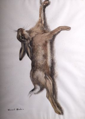 un dessin représentant un lapin suspendu la tête en bas, accroché par ses pattes arrière