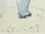 drawing of a person with a umbrella and a dog on a leash